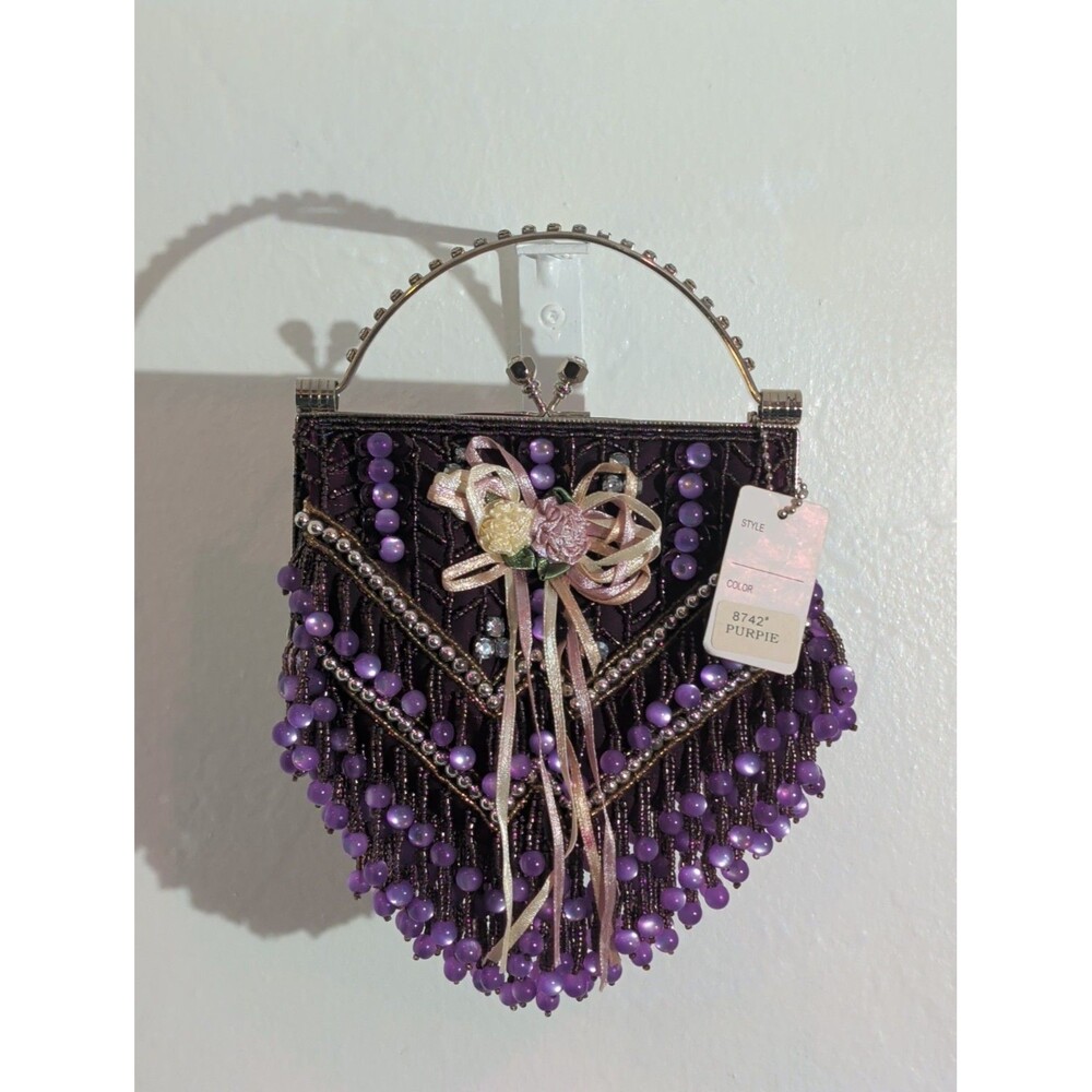 NWT Purple Beaded Fringe Evening Purse Ribbon Flowers Jeweled Metal Handle